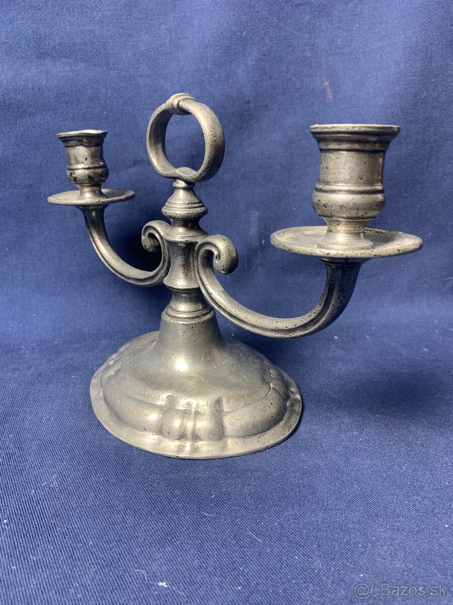 Starozitny kovový svietnik a tanier - 3