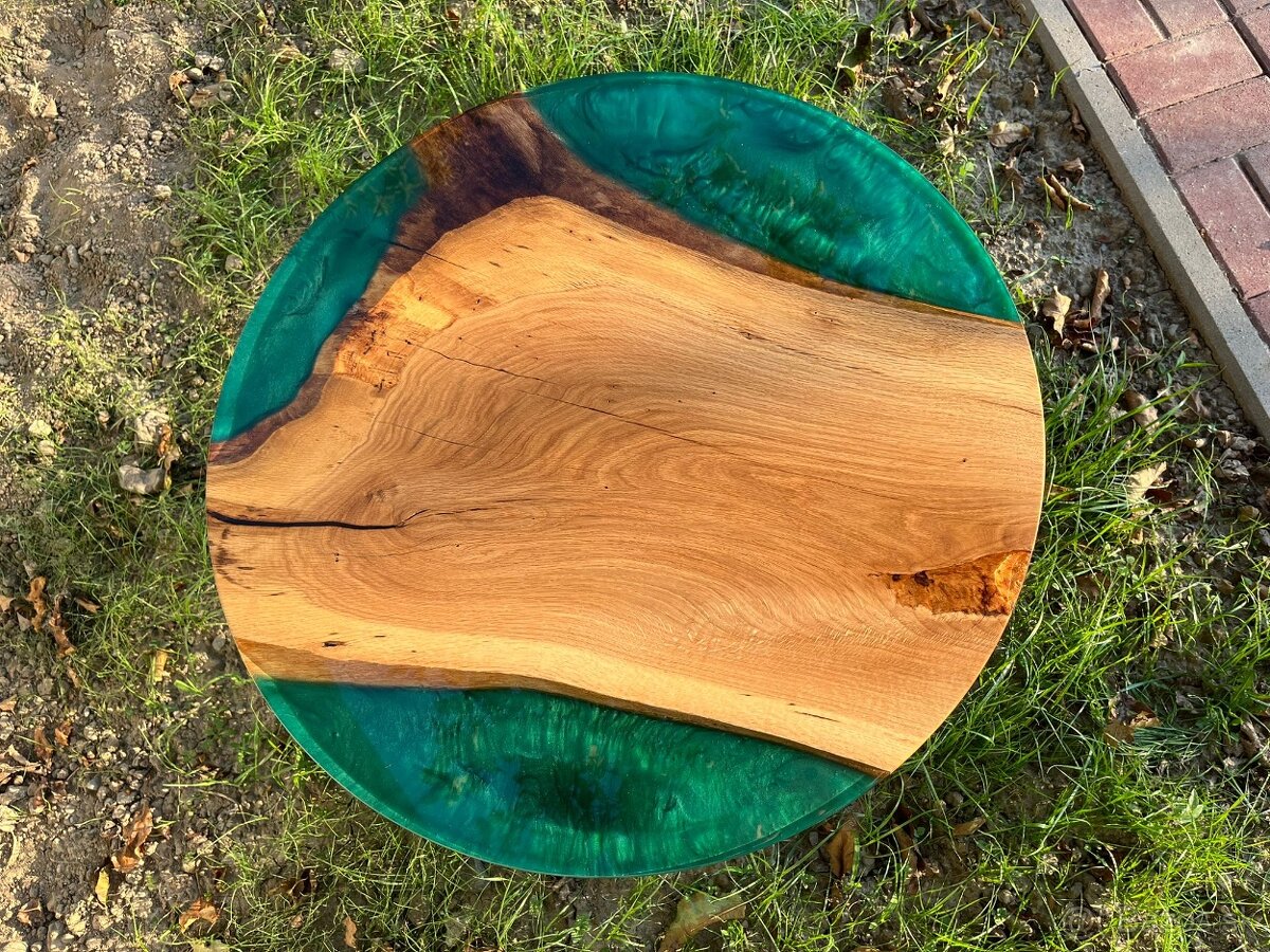 Originálny konferenčný stôl – dub & epoxid (Smaragdová zelen - 3