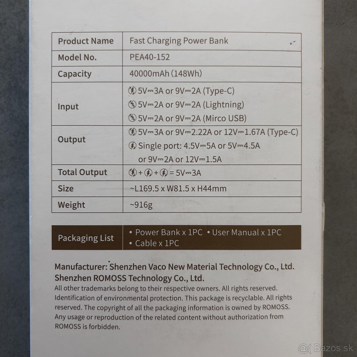 Powerbanka Romoss PEA40PF 40000mAh, 22,5W . - 3