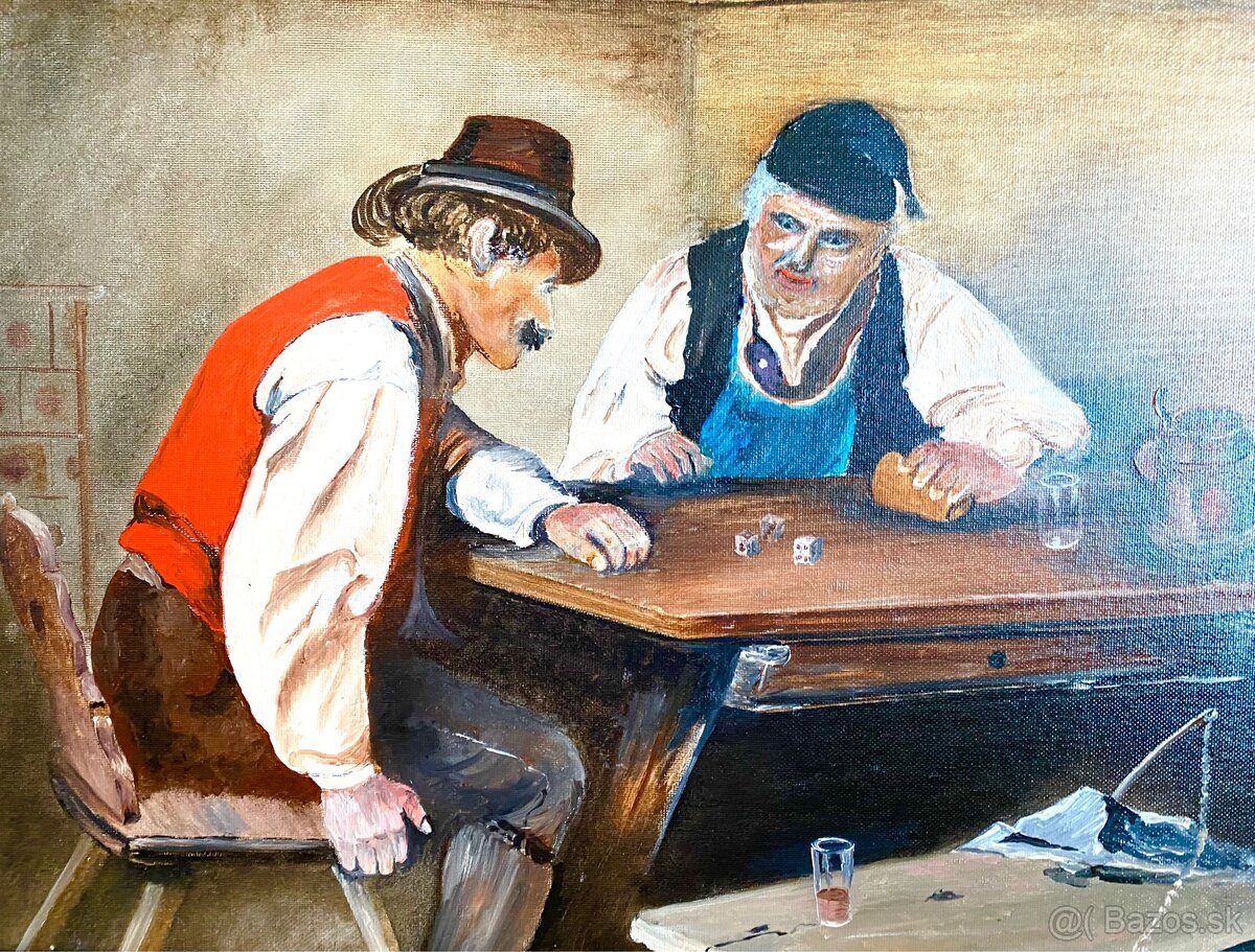 Starý obraz v krásném rámu, olejomalba na desce - 3