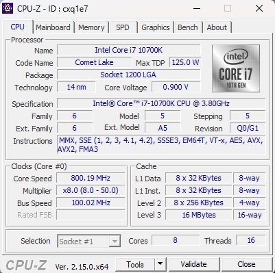 Intel Core i7-10700K, 3.80 GHz, 16 MB Cache, socket 1200 - 3