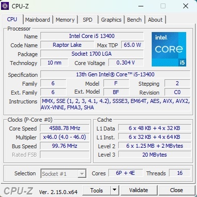 Intel Core i5-13400, 2.50 GHz, 20 MB Cache, socket 1700 - 3