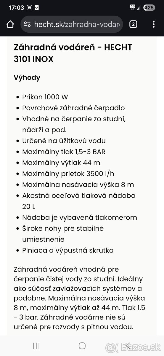 Záhradna vodáreň - čerpadlo HECHT 3101 INOX - 3