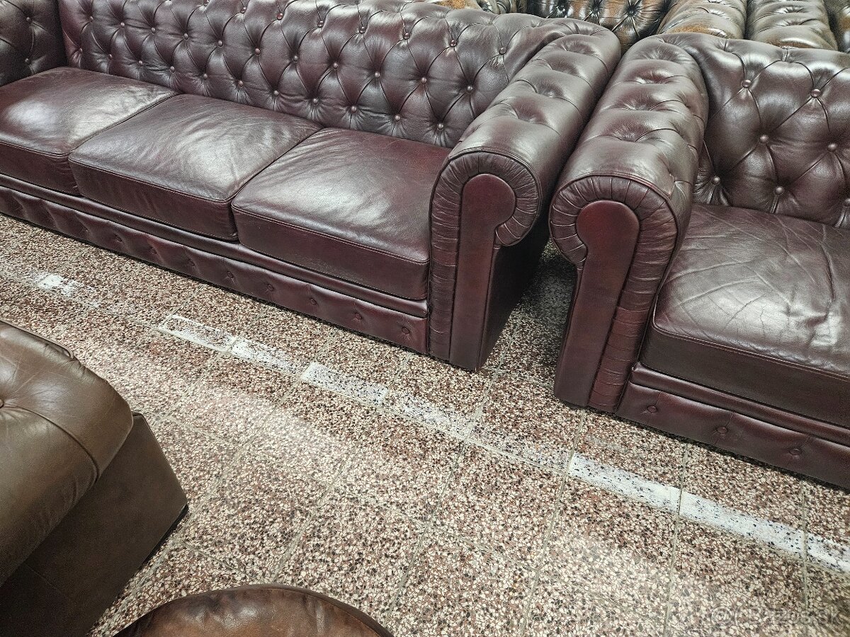 CHESTERFIELD ŠTÝL KOŽENÁ 3+1+1,TMAVOBORDOVÁ,Zľacnená - 3