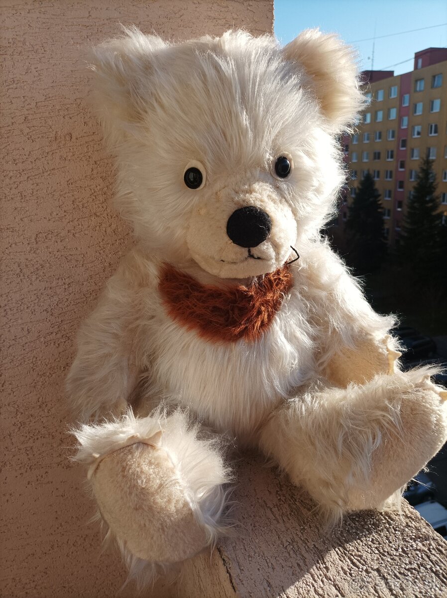 Retro hračka plyšový medvedík plnený slamou, vysoký 60 centi - 3