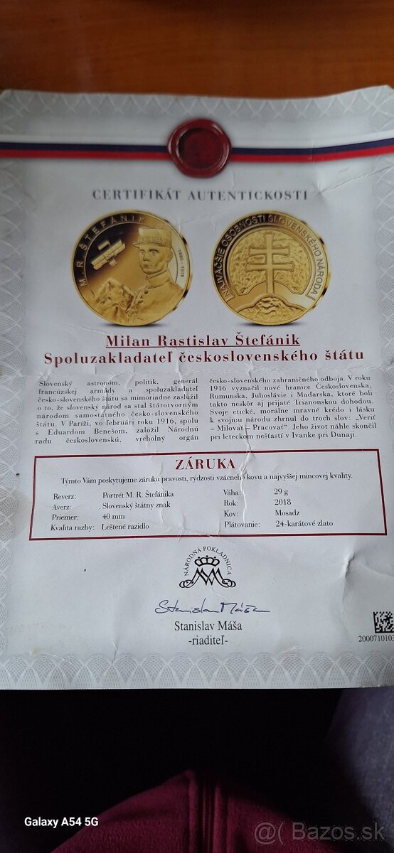 🪙 ZLATÁ PAMÄTNÁ MEDAILA – Milan Rastislav Štefánik (2018) - 3