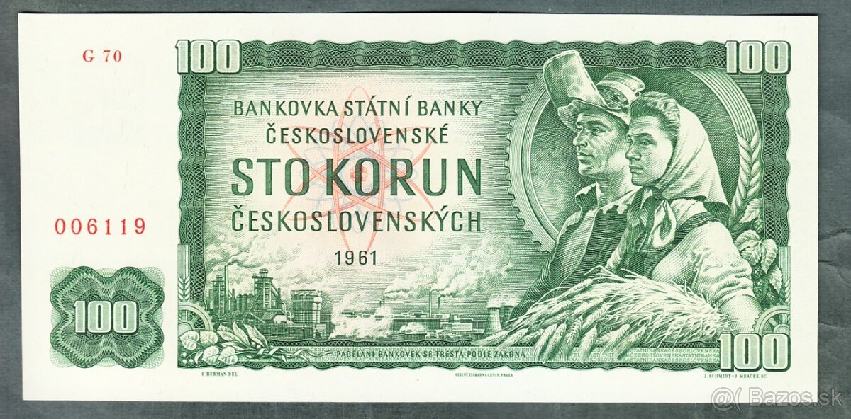 Sestava bankovky 100 kčs 1961 - 3 ks ČÍSLA PO SOBĚ, bezvadné - 3