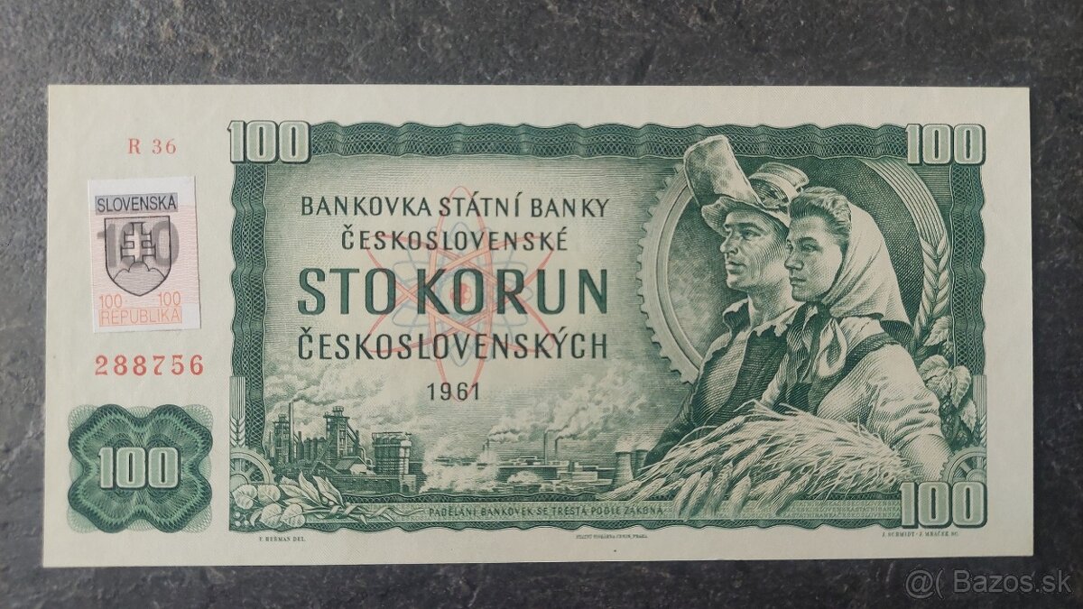 100 Kčs 1961 + SK kolok, stav N (UNC) - 3