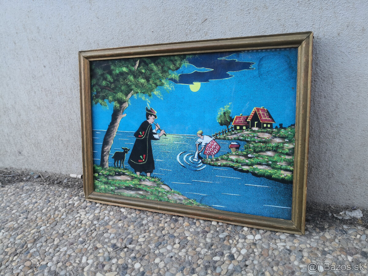 Starožitný obraz maľba na textile zarámovaný zo sklom 25,9x - 3