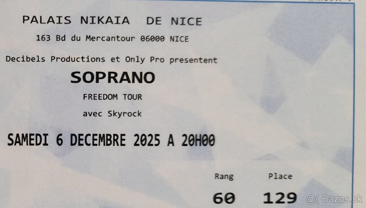 Soprano tour v Nice vo Francúzsku 3 lístky - 3