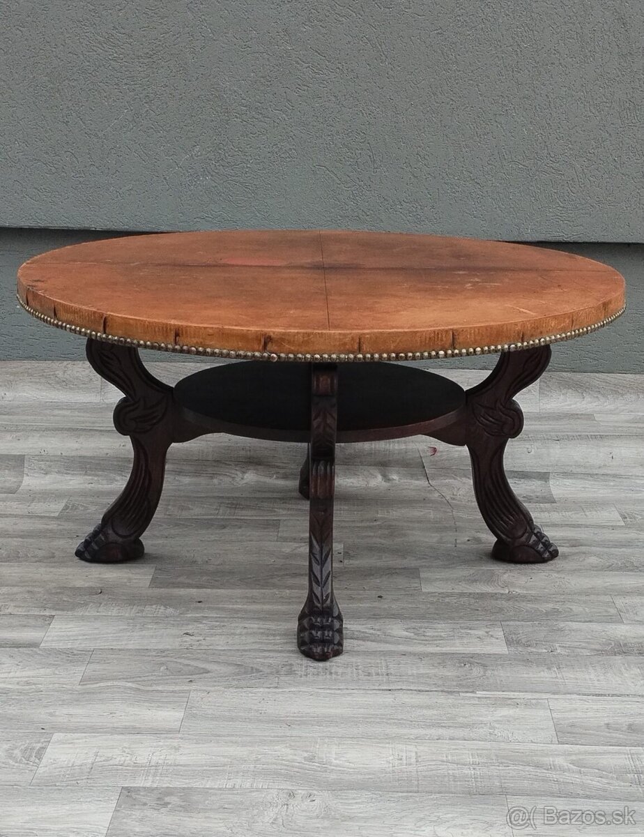 Stolík konferenčný z dreva a patinovanej koňakovej kože. - 3