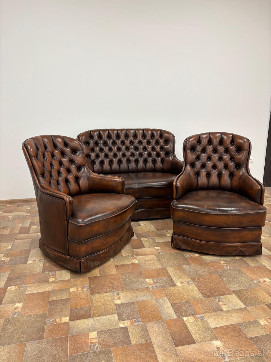 CHESTERFIELD ŠTÝL SEDAČKA,DVOJFAREBNÁ KOŽENÁ-ZĽACNENÁ - 3