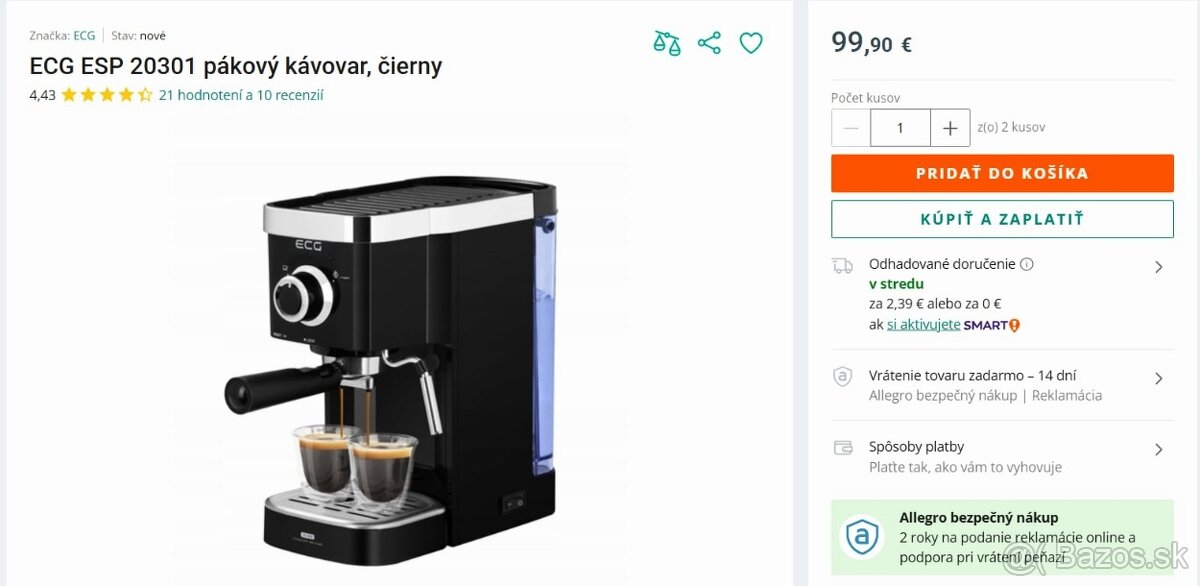 Predám pákový kávovar ECG - ESP20101 Espresso - 3