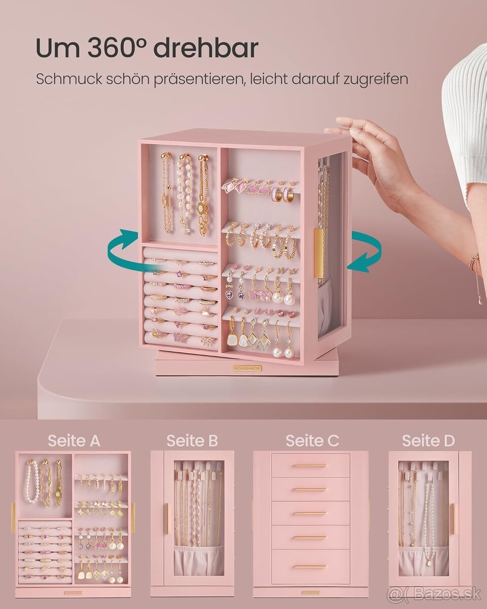 SONGMICS šperkovnica – 5 zásuviek, otočná 360°, ružová, nová - 3