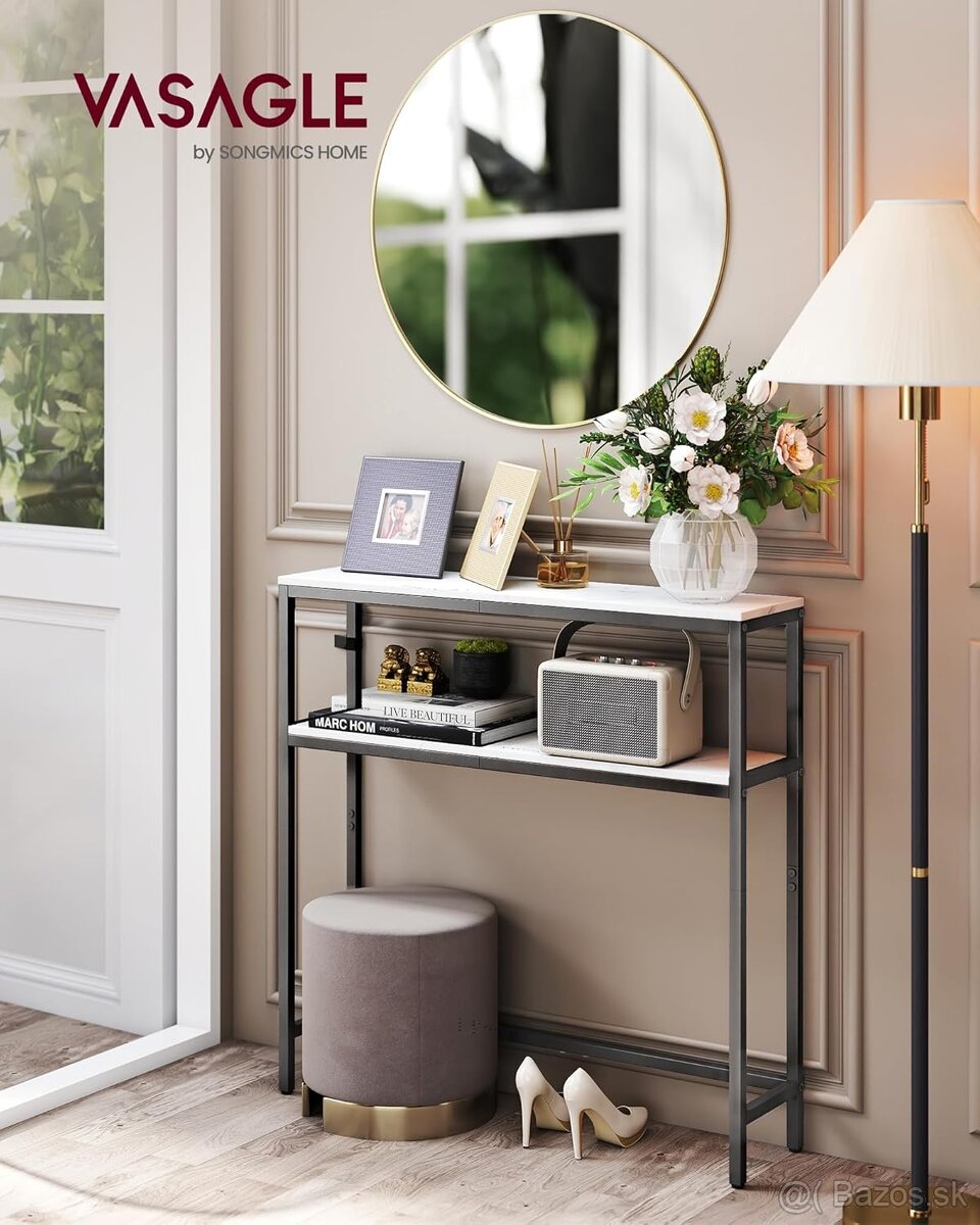 VASAGLE konzolový stolík – 2 police, mramorovo biely/čierny - 3