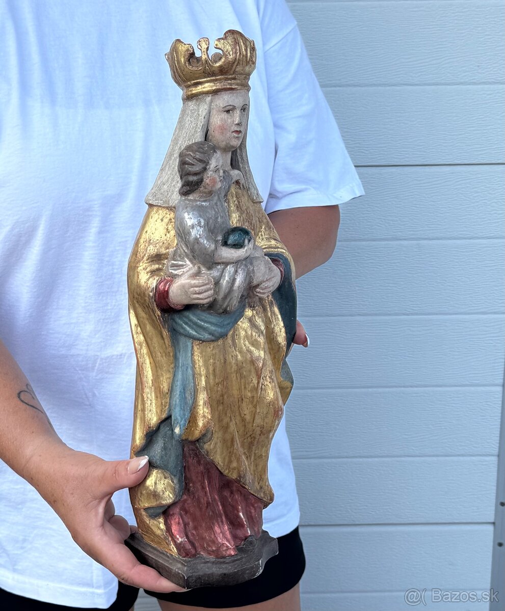 Dřevěná starožitná socha Panna Marie - 3