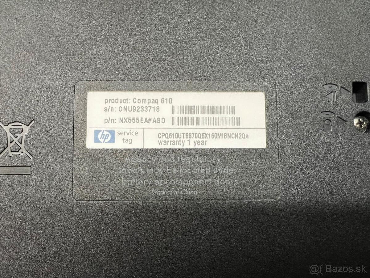 Predám notebook HP 15,6"Compaq 610 na diely alebo opravu - 3