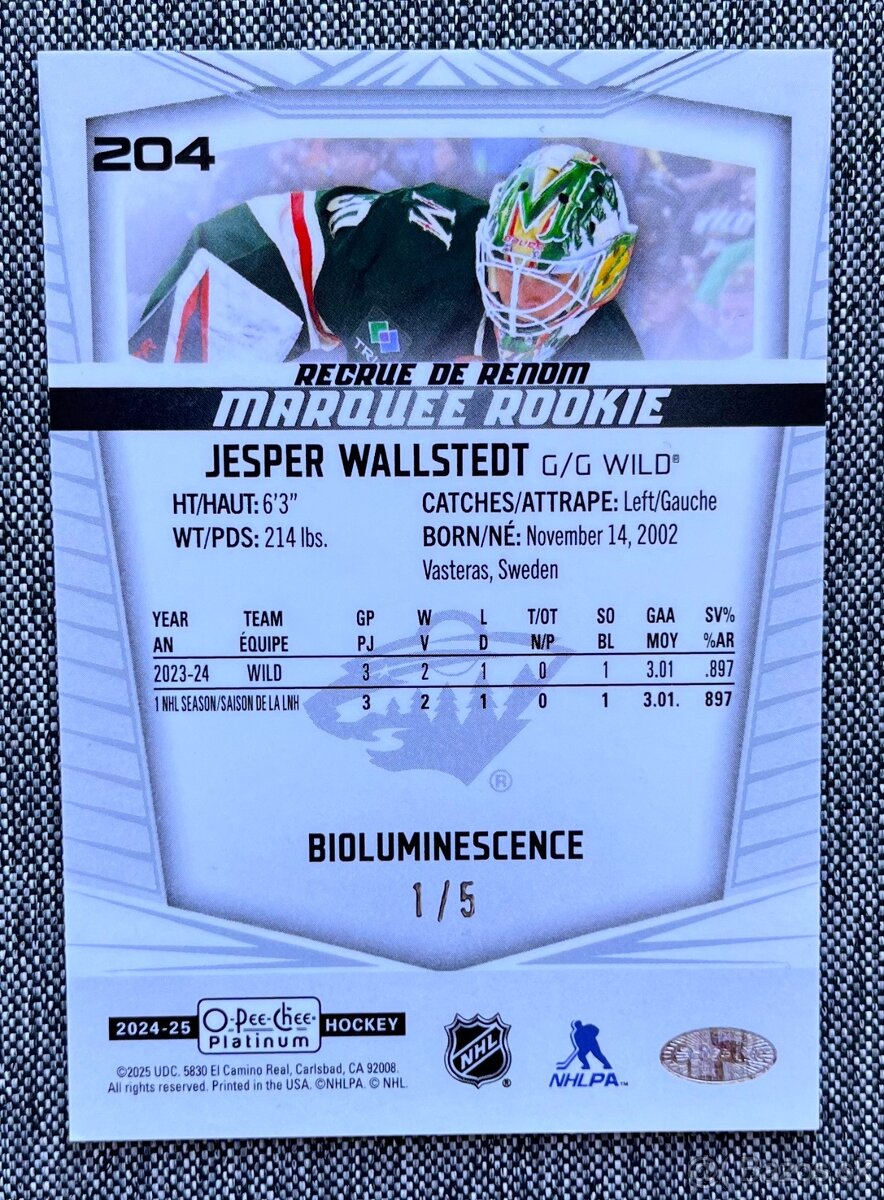 Hokejové kartičky-Predaj WALLSTEDT,limit /5, BIOLUMINESCENCE - 3