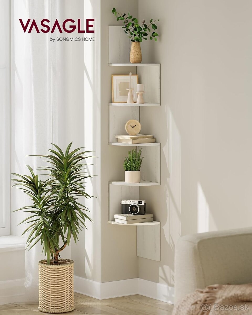 VASAGLE rohová nástenná polica – 5 poschodí,rustikálna biela - 3