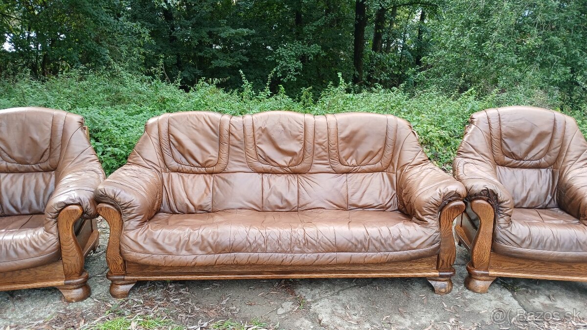 Kožená sedací souprava 3+1+1 s masivním dřevem - 3