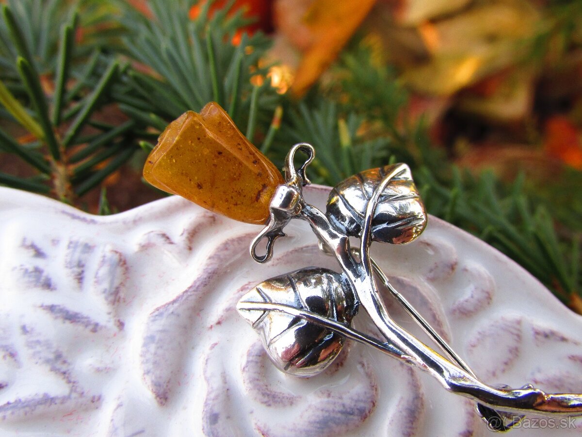 Strieborná brošňa Ruža osádzaná Jantárom, Ag 925 - 3