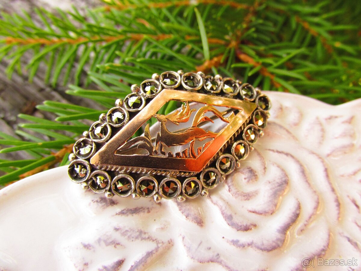 Strieborná brošňa so zlatom a markazitmi, Ag 925 - 3