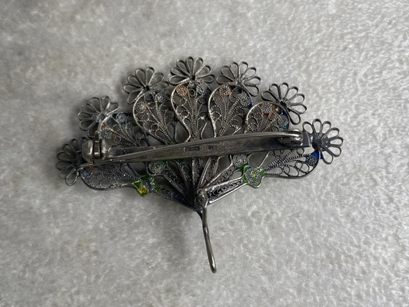 Strieborná brošňa , filigránový vejár s kvietkov - 3