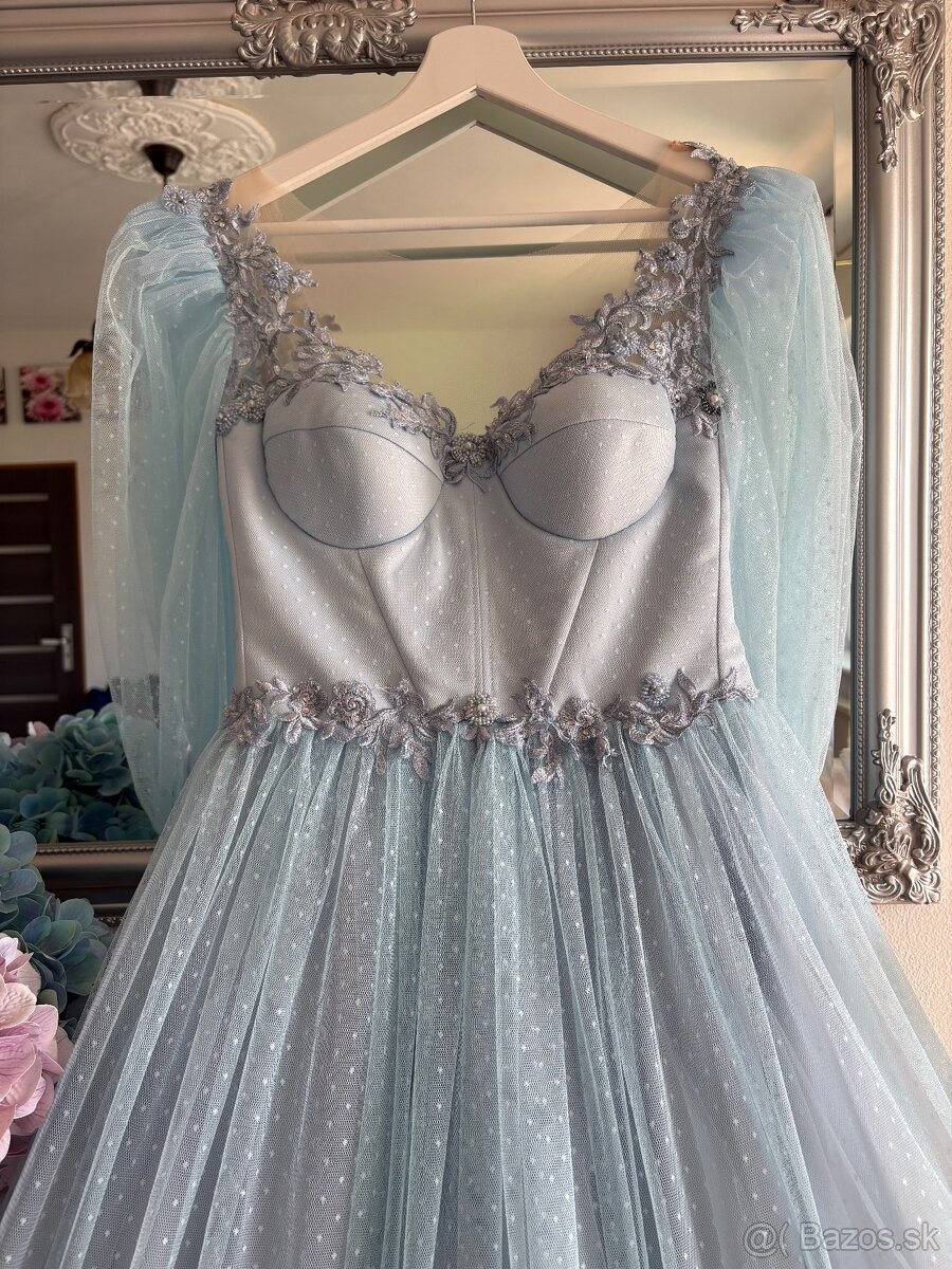 Bledomodré romantické šaty 36/S - 3