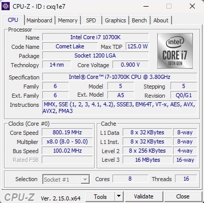 Intel Core i7-10700K, 3.80 GHz, 16 MB Cache, socket 1200 - 3