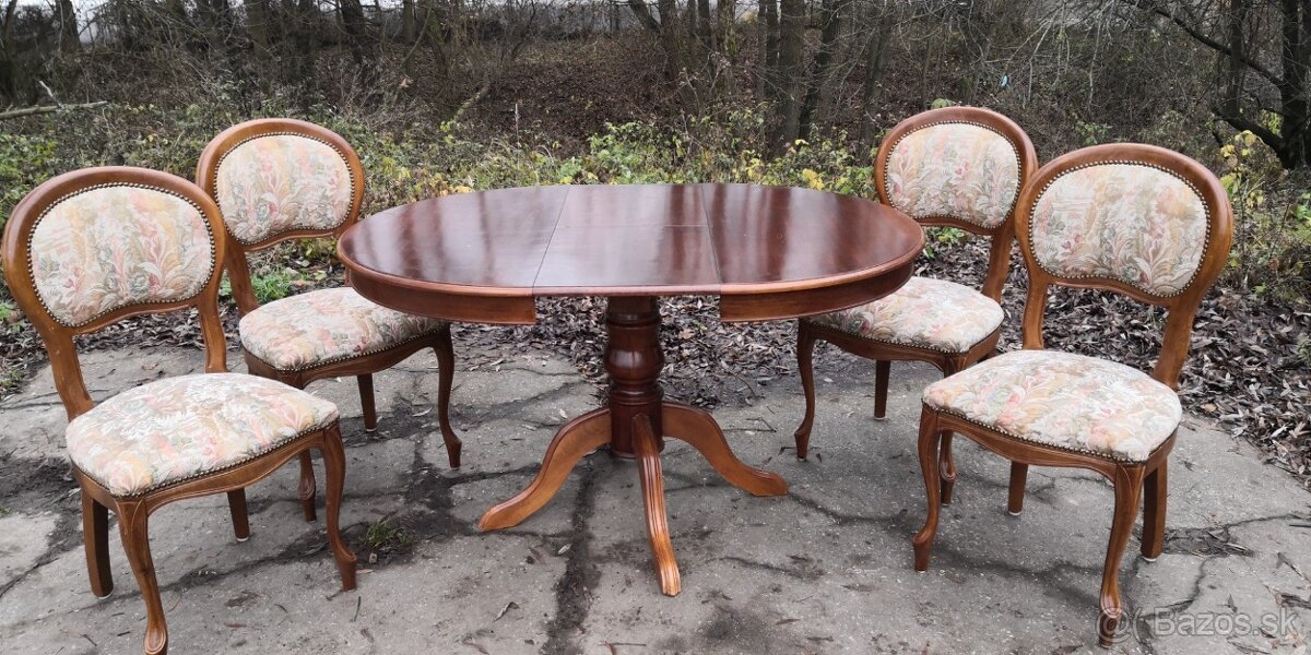 Masivny rozkladací stôl+4ks starožitných stoliček - 3