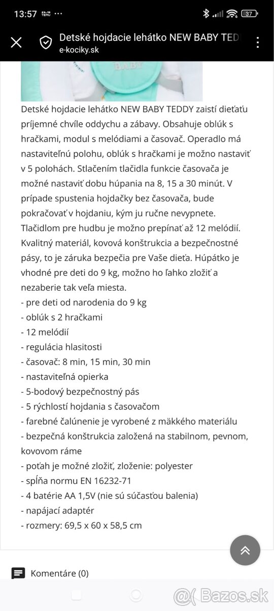 Detské hojdacie lehátko s melódiami New baby Teddy - 3