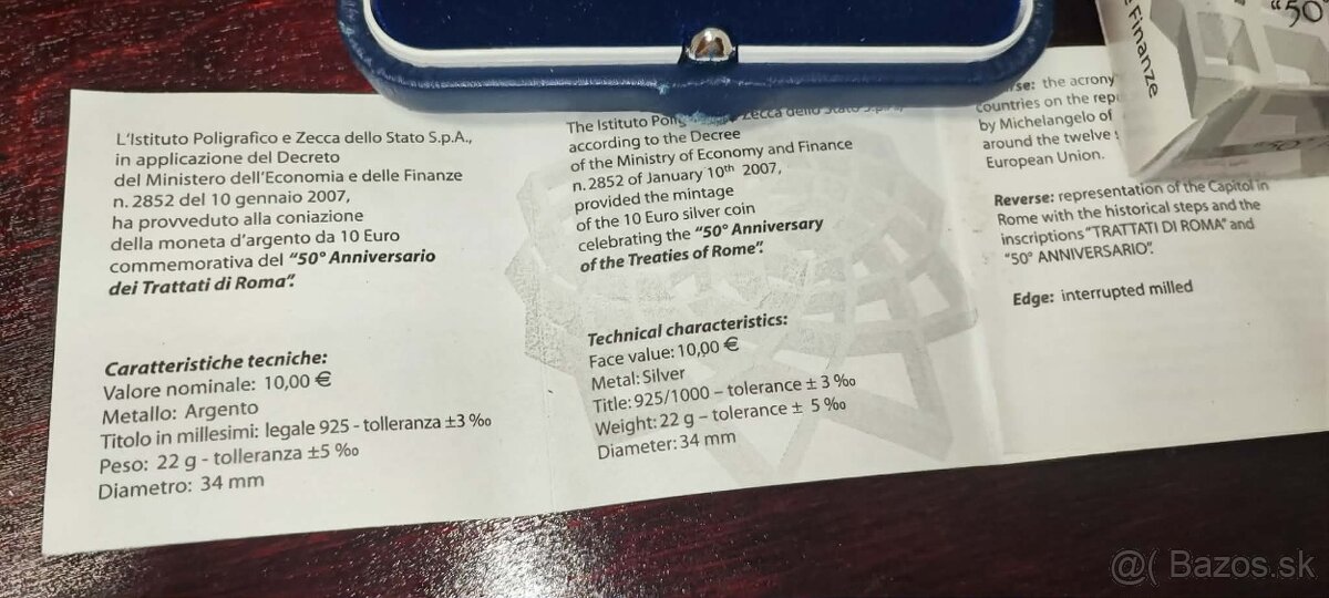 strieborná Talianska minca z roku 2007, proof, 50te výročie - 3