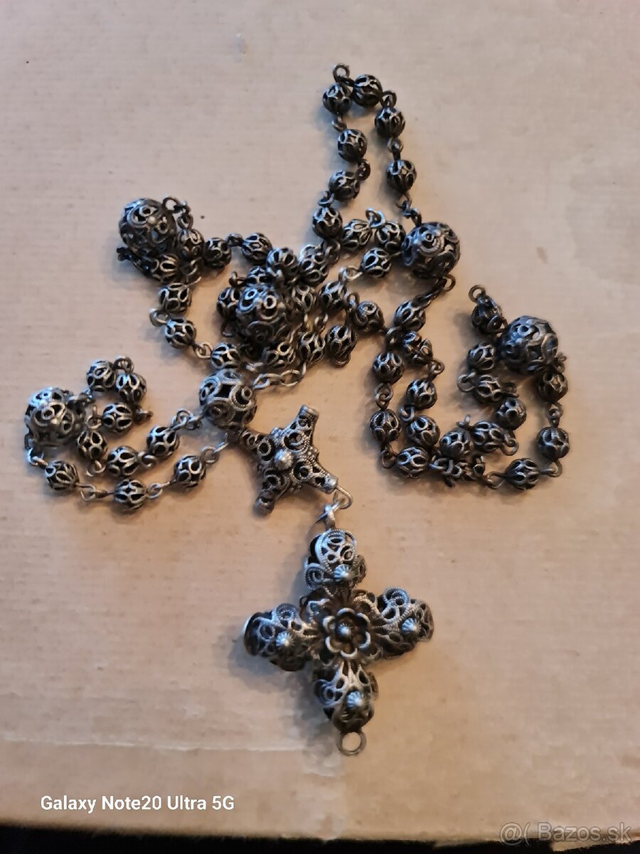 Strieborný stary krasny ruženec filigran - 3