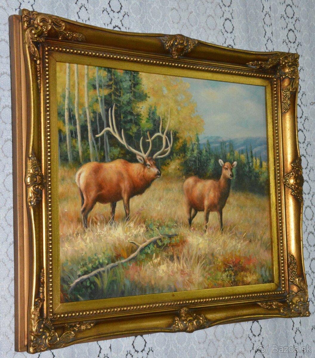 Zámecký obraz - Jelen s laní- olej na plátně - 3