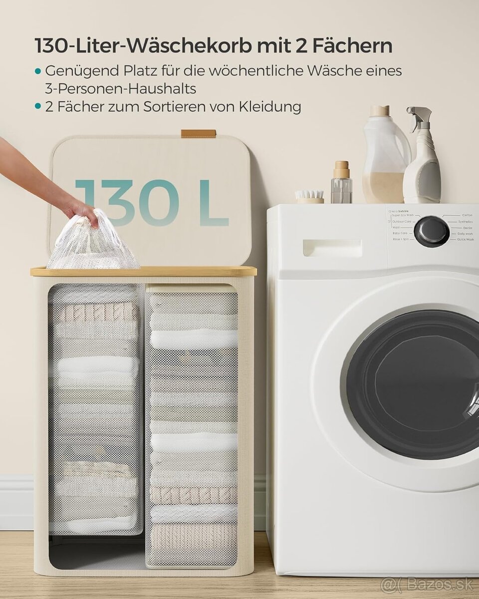 SONGMICS kôš na bielizeň 130 l – 2 priehradky, camel, nový - 3
