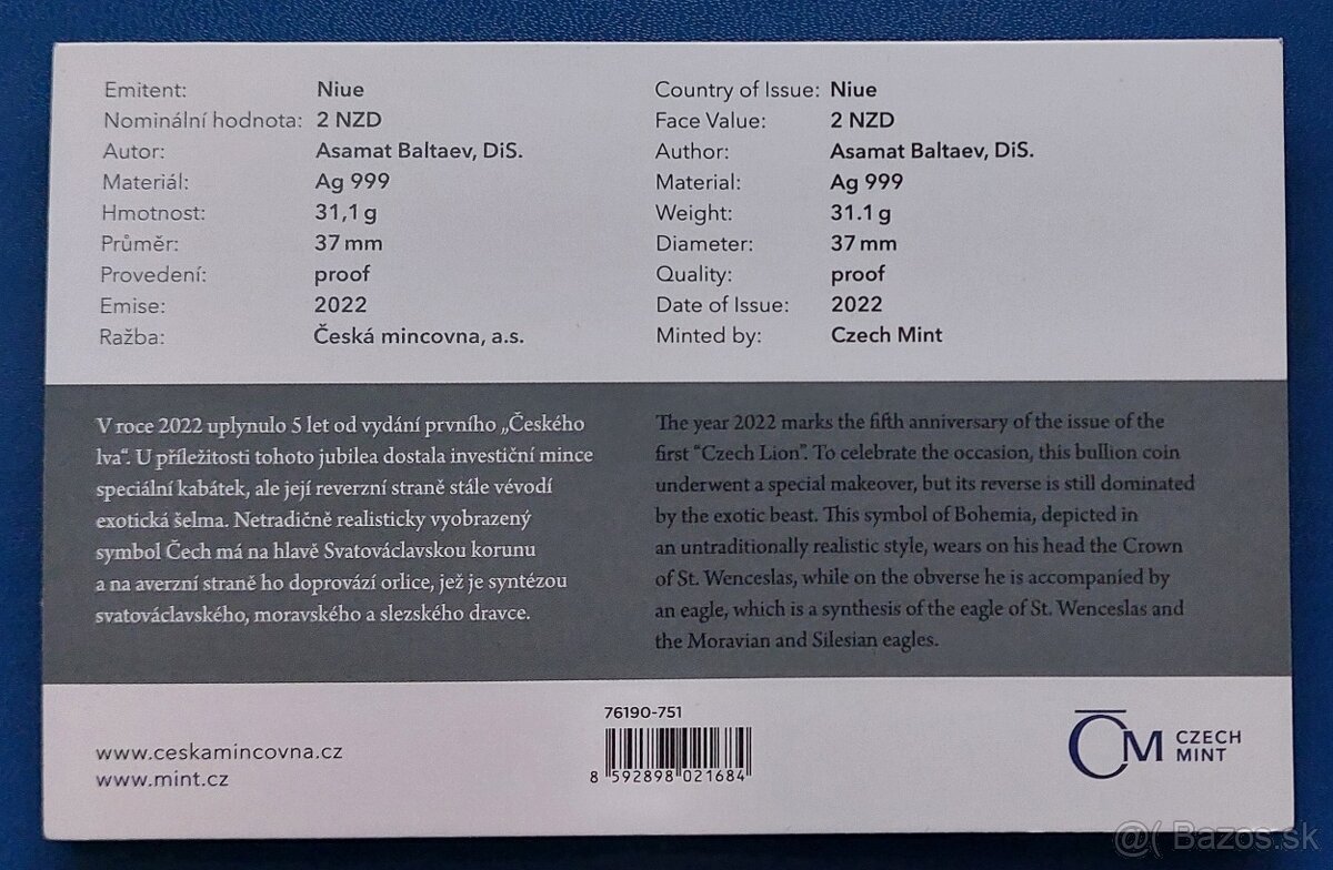 1Oz striebro Český lev 2022 proof - 3