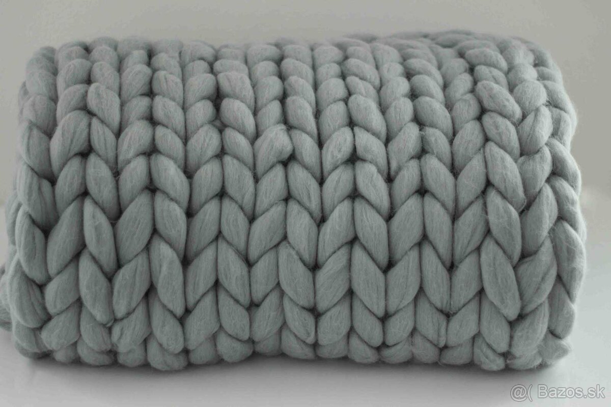 Ručne pletená deka z hrubej vlny – nová, sivá farba - 3