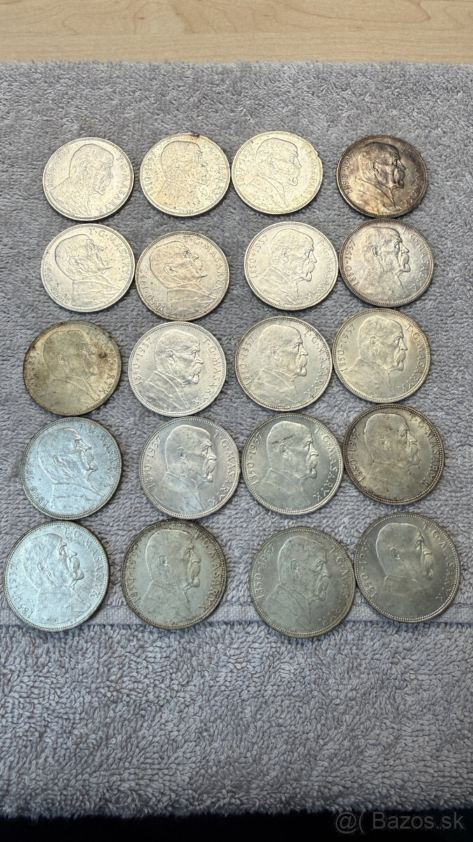 Stříbrná mince 20 Kčs 1937 T. G. Masaryk (Ag 700/1000, 12 g, - 3