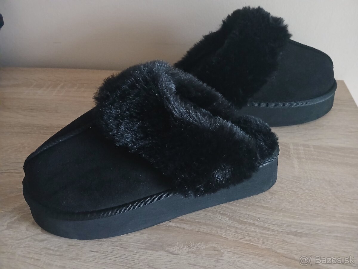 Dámske čierne papuče na platforme s kožušinou nové - 3