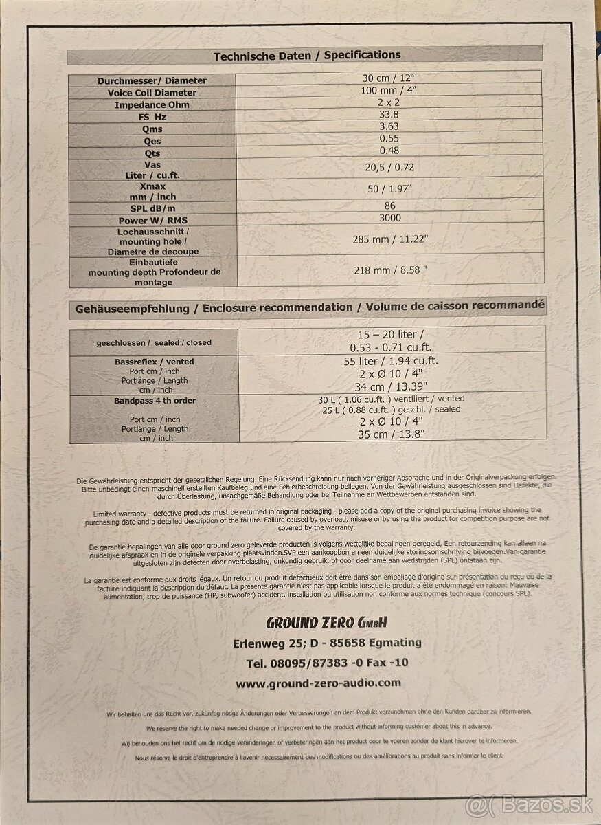 Subwoofer Ground Zero GZPW 12 limited - 3