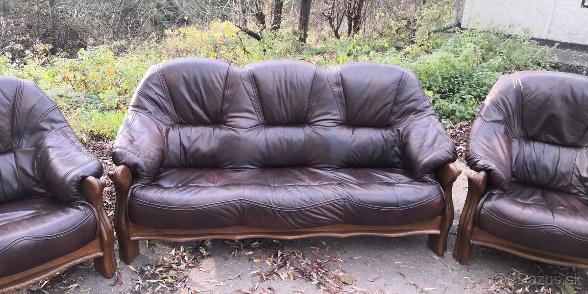 Kožená sedací souprava 3+1+1 s masivním dřevem TOP STAV - 3
