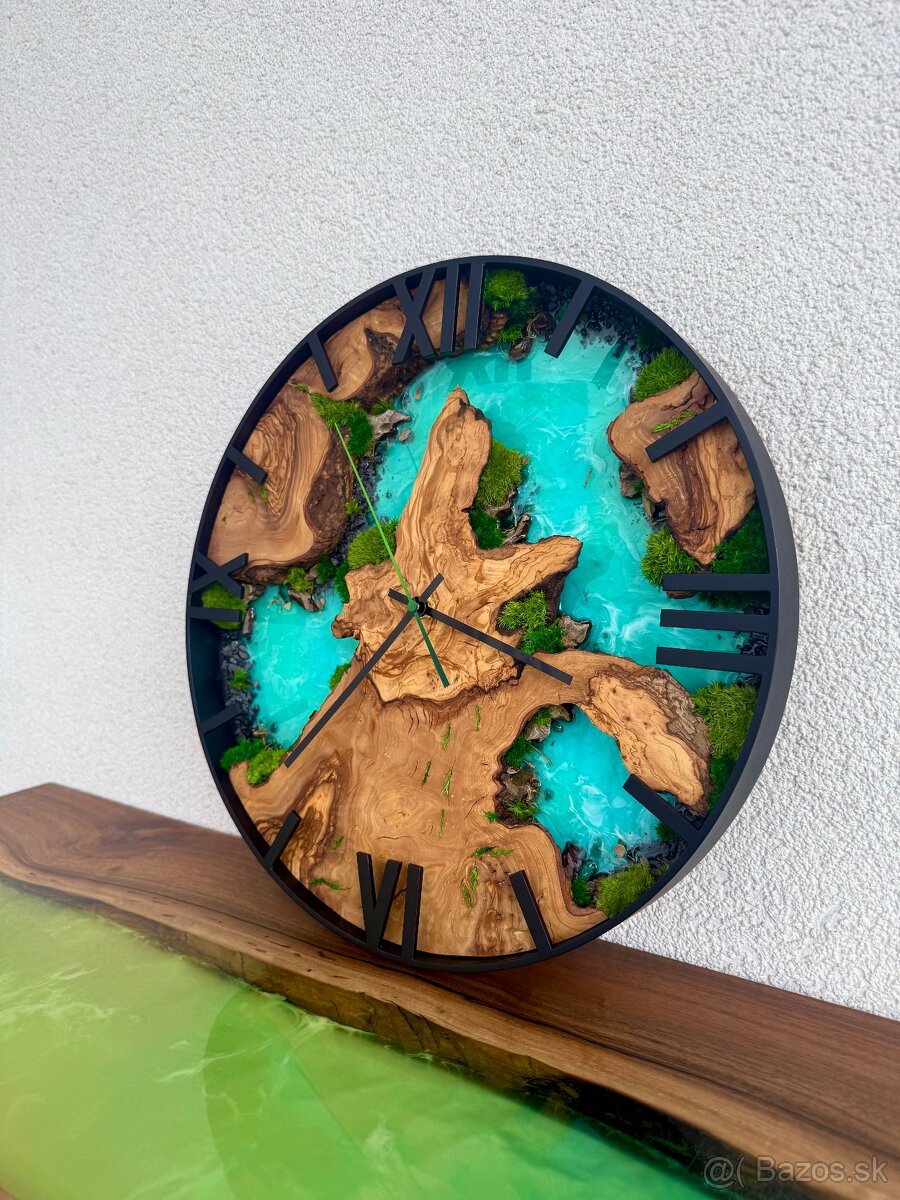 Machove hodiny s olivou a epoxidom 40cm , Epoxidove hodiny - 3
