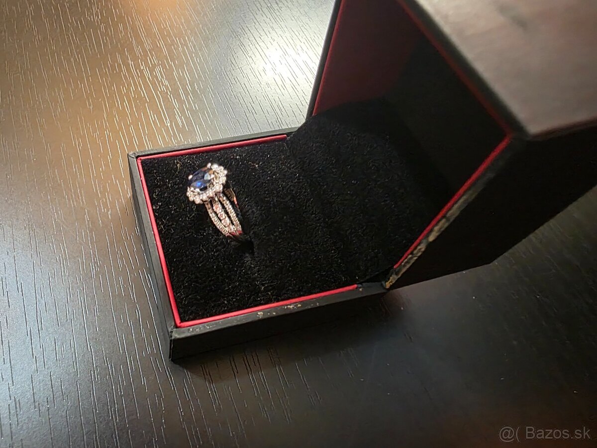 Zásnubný prsteň – biele zlato, brilianty, pravý zafír, certi - 3
