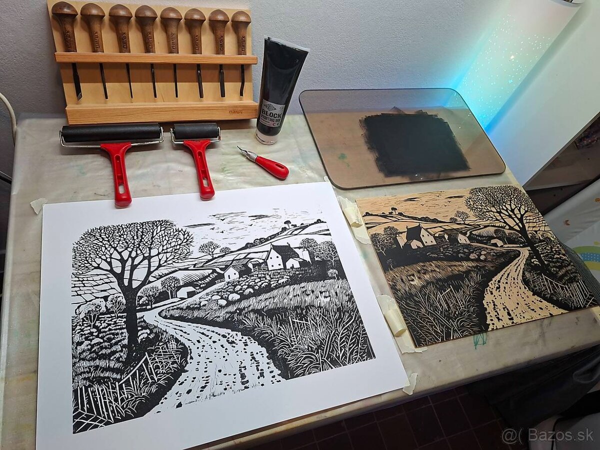 Krajinka - linoryt - grafika _ posledné 3 kusy - 3