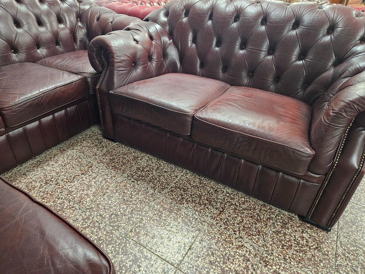 CHESTERFIELD ŠTÝL,KOŽENÁ 3+2+1,TMAVOBORDOVÁ NEROZŤ. - 3