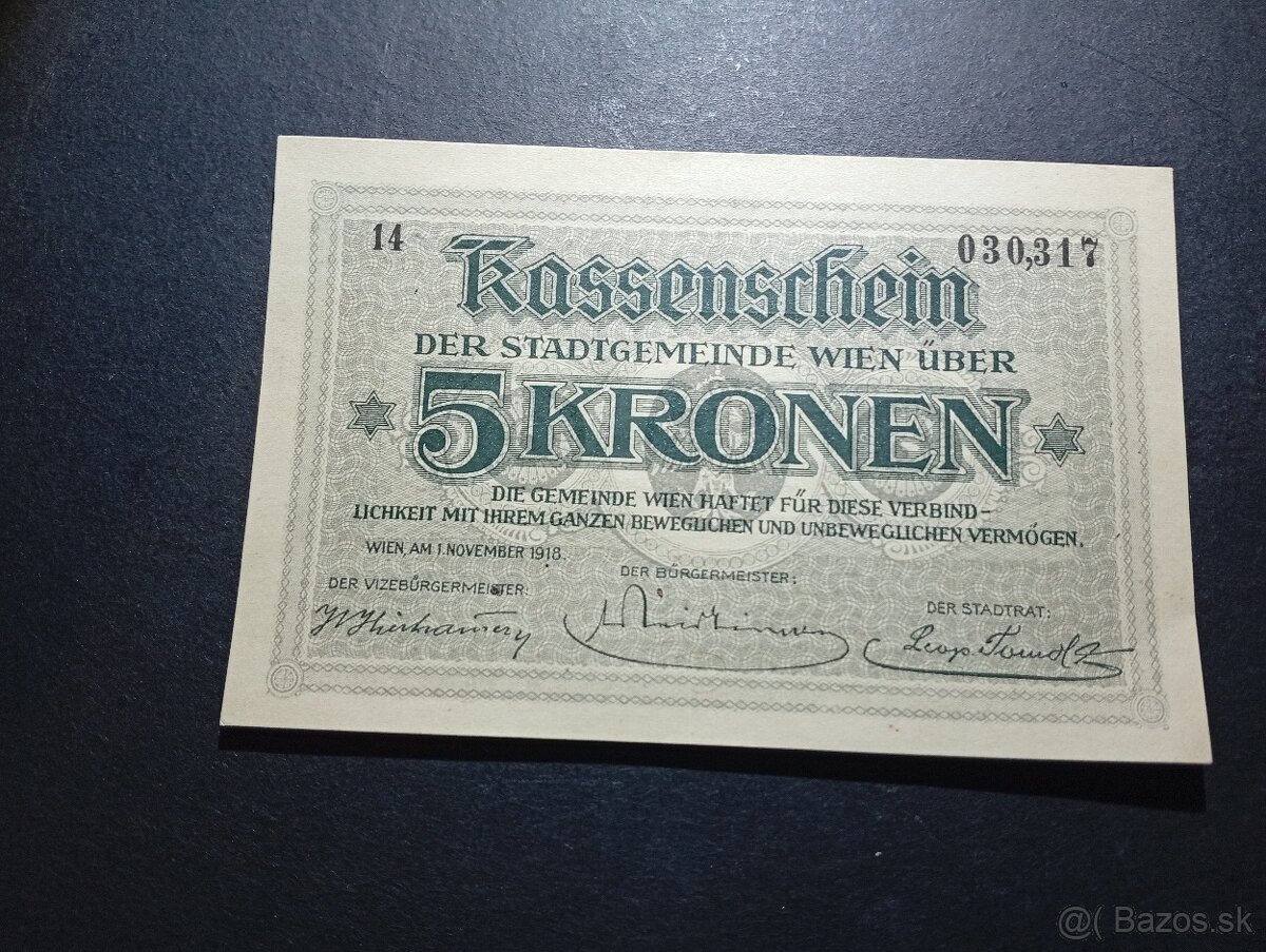 Predám 5 Kronen 1918 Wien UNC - 3
