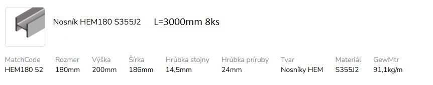 Predám hutný materiál nosník HEM 180 - 3000mm, S355 - 8ks - 3
