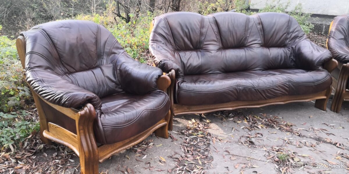 Kožená sedacia súprava 3+1+1 s masivnym drevom - 3