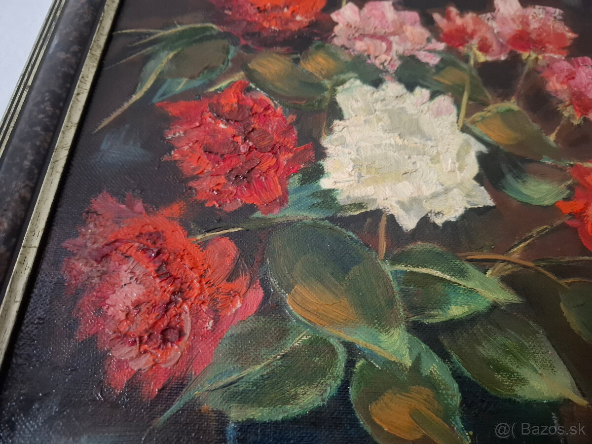 Predám starý obraz olejomalbu na plátne Kytica monogramista - 3