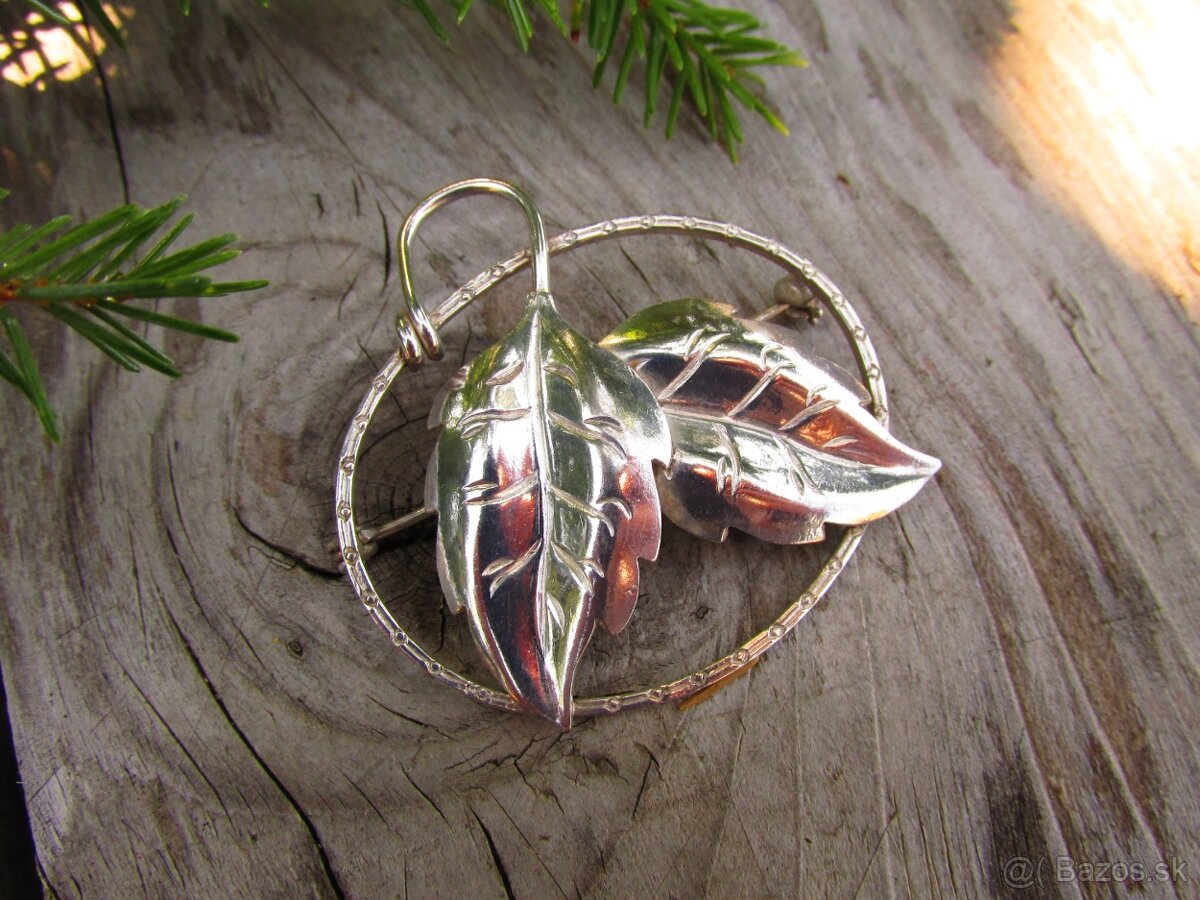 Stará strieborná brošňa listy, Ag 900 - 3